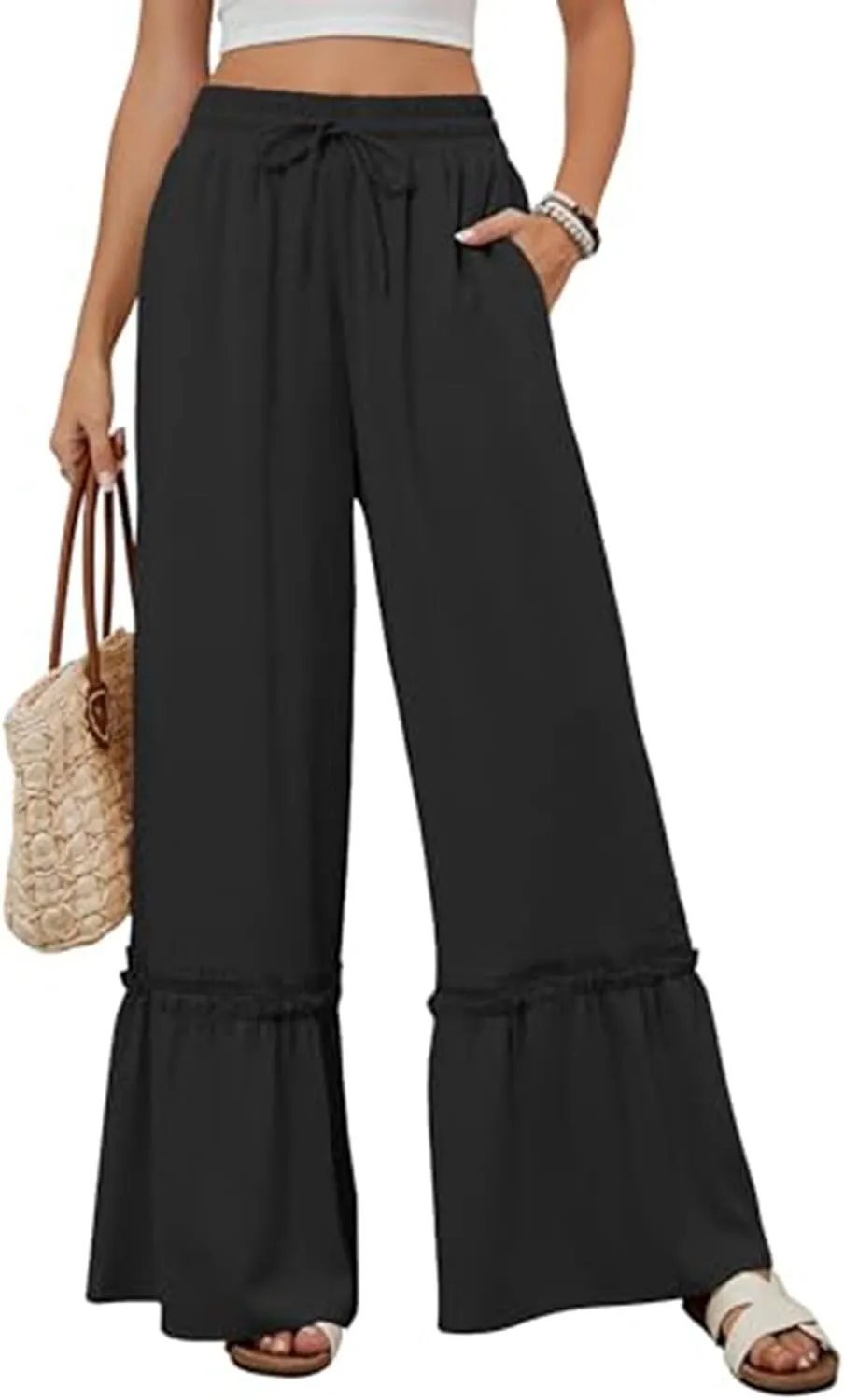 Women's Wide Leg Pants Drawstring Elastic Waist Lace Patchwork Ruffle Hem Flowy Palazzo Flared Trousers with Pockets