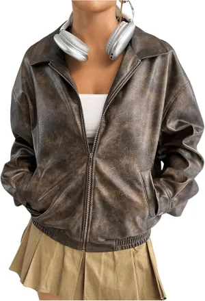 Women's Y2K PU Leather Jackets Oversized Vintage Long Sleeve Jacket Zip Up Collared Motorcycle Biker Coat with Pocket