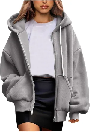 Women's Zip Up Hoodies Fleeced Long Sleeve Fall Coats Oversized Jackets With Pockets Tunic Casual Hooded Sweatshirt
