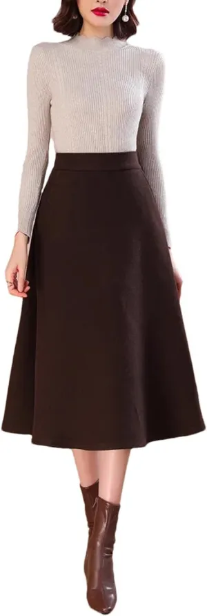 Woolen Skirt for Women's Midi Pleated Umbrella Office Knee Length Skirt