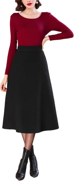Woolen Skirt for Women's Midi Pleated Umbrella Office Knee Length Skirt