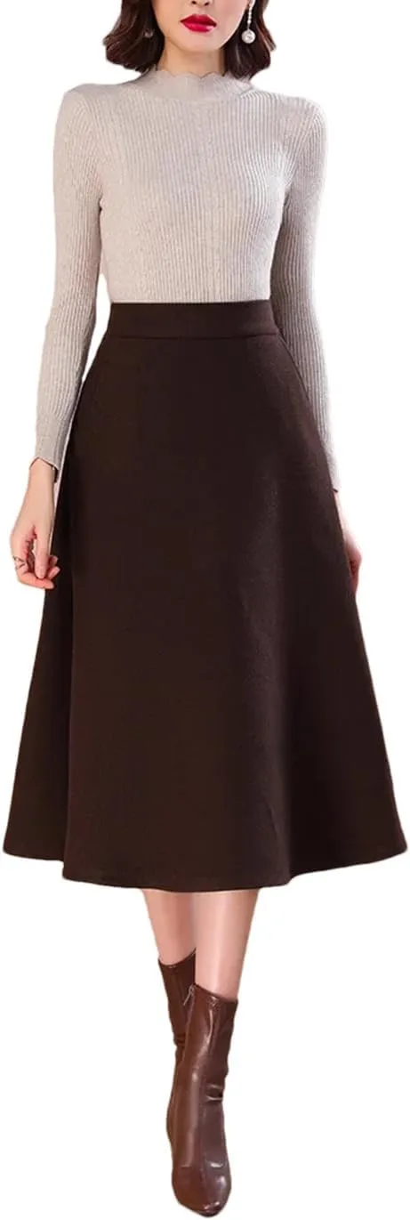 Woolen Skirt for Women's Midi Pleated Umbrella Office Knee Length Skirt
