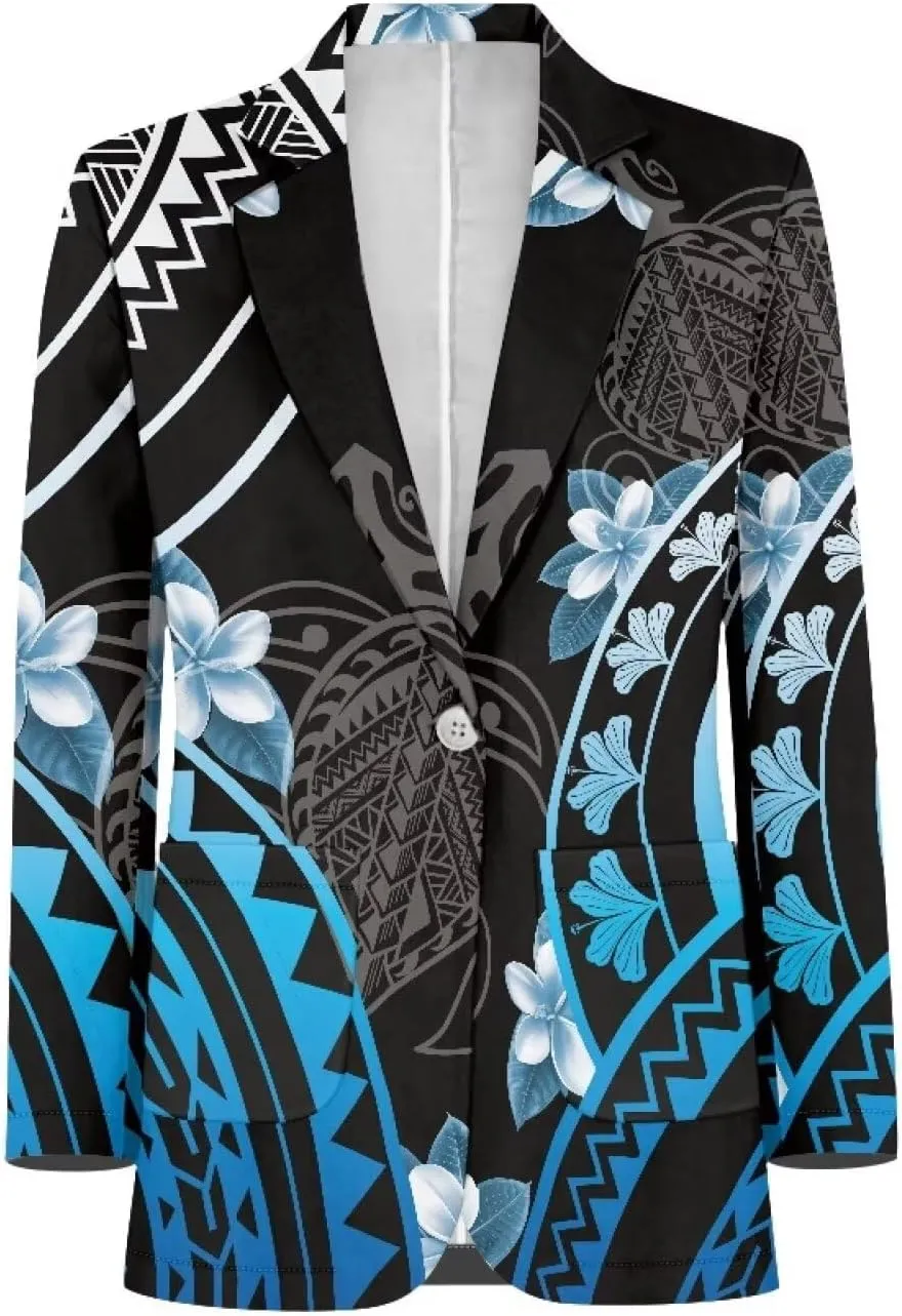Worsted Knit Fabric Blazer Jackets Samoa Tropical Tribe Totem Design Custom Women Blazer Long Sleeve with Pockets