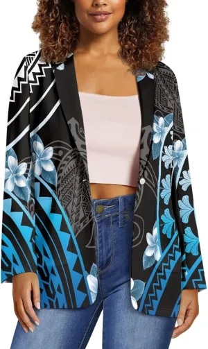 Worsted Knit Fabric Blazer Jackets Samoa Tropical Tribe Totem Design Custom Women Blazer Long Sleeve with Pockets