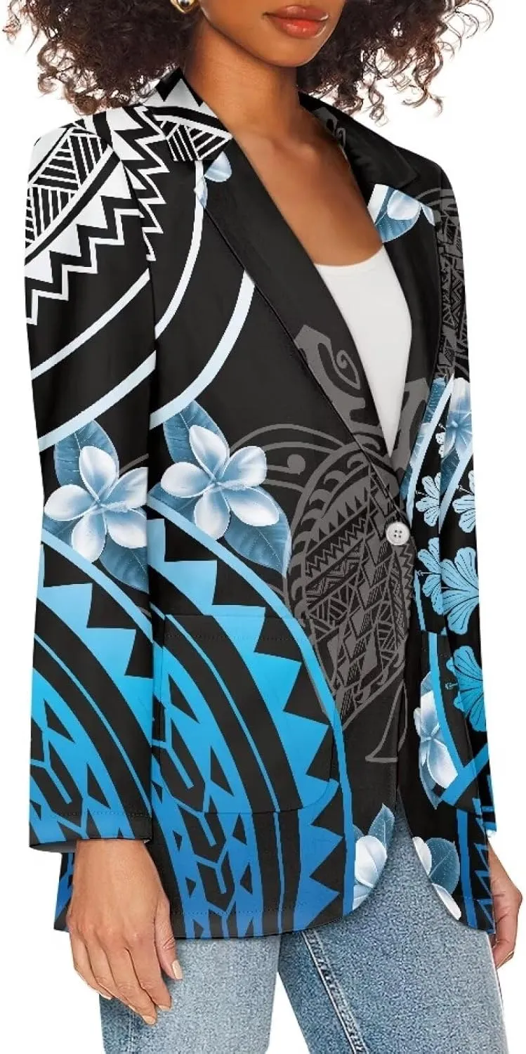 Worsted Knit Fabric Blazer Jackets Samoa Tropical Tribe Totem Design Custom Women Blazer Long Sleeve with Pockets