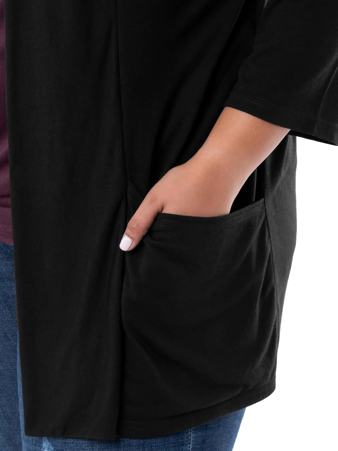 Wright's womens Plus Size 3/4" Sleeve Draped Open Front Jersey Pocket Cardigan
