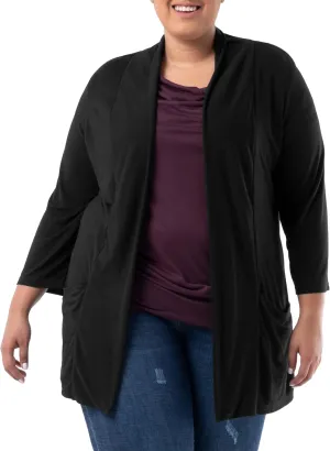 Wright's womens Plus Size 3/4" Sleeve Draped Open Front Jersey Pocket Cardigan