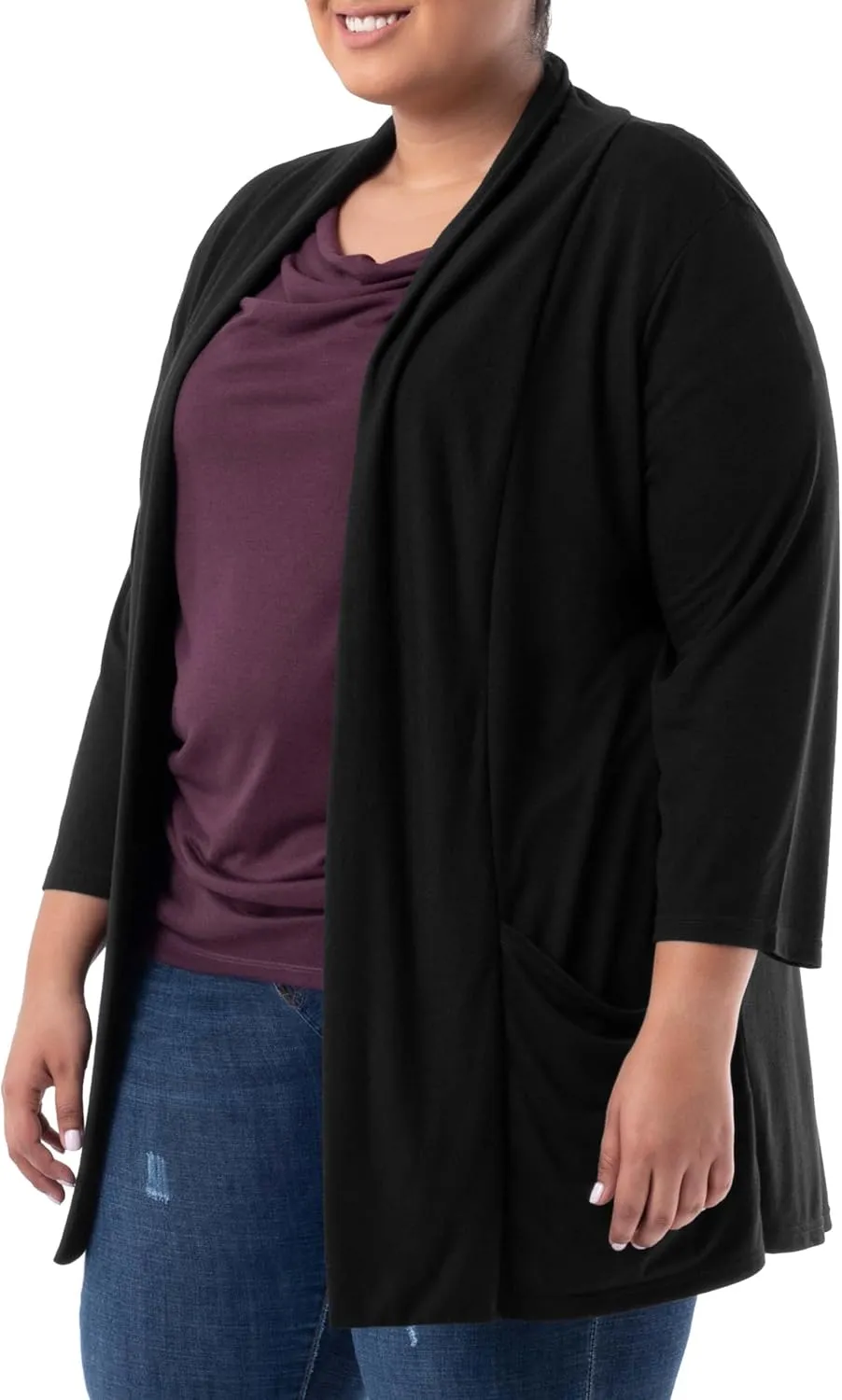 Wright's womens Plus Size 3/4" Sleeve Draped Open Front Jersey Pocket Cardigan