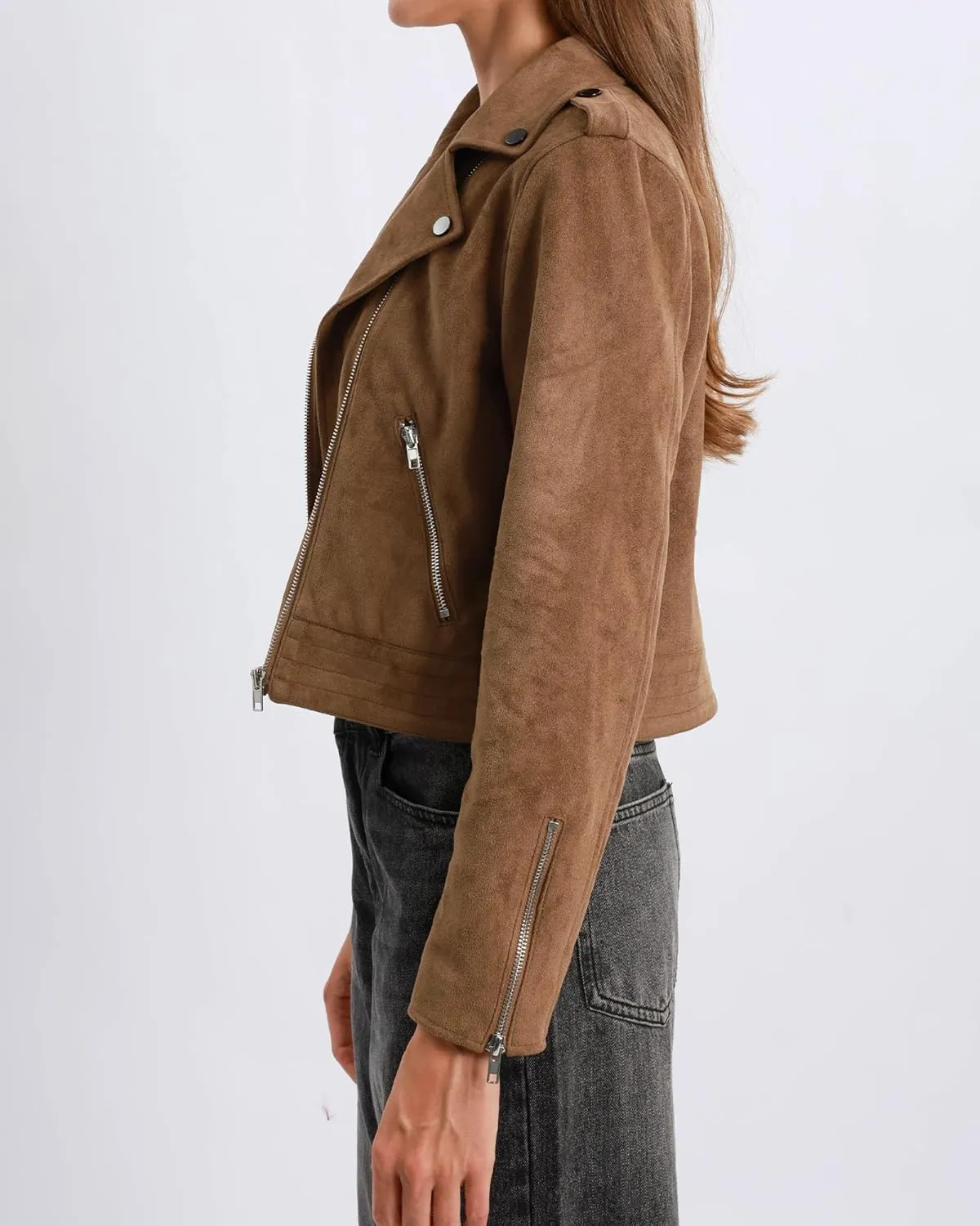Xintianji Women's Faux Suede Moto Jackets Casual Cropped Zippered Motorcycle Coat for Fall Winter