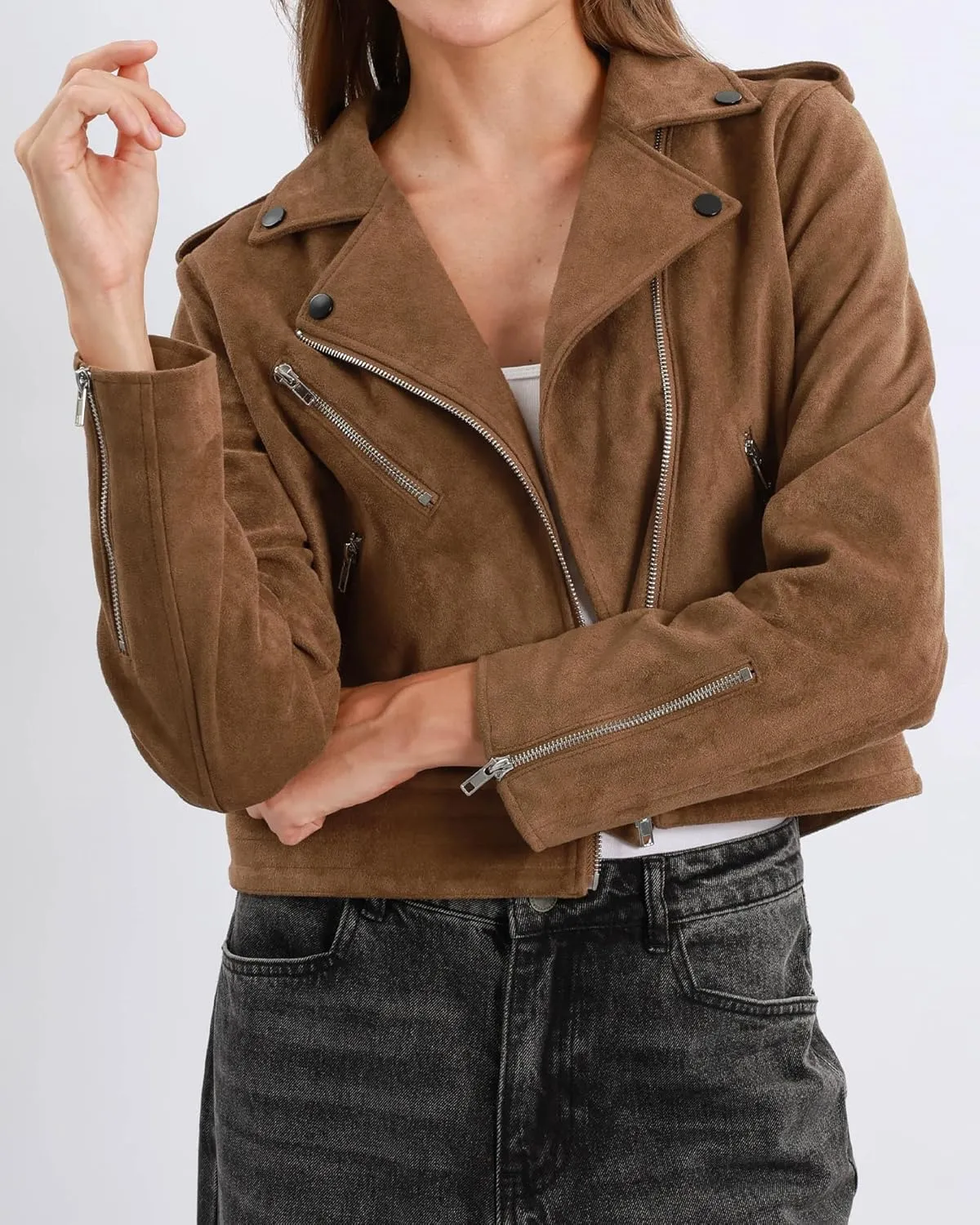 Xintianji Women's Faux Suede Moto Jackets Casual Cropped Zippered Motorcycle Coat for Fall Winter