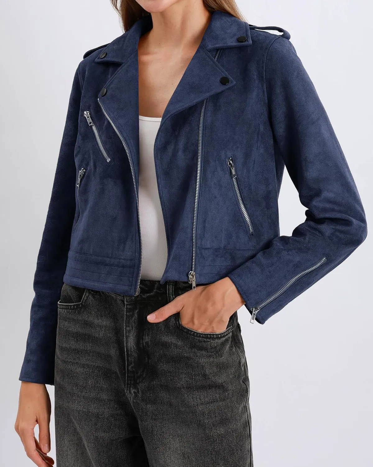 Xintianji Women's Faux Suede Moto Jackets Casual Cropped Zippered Motorcycle Coat for Fall Winter