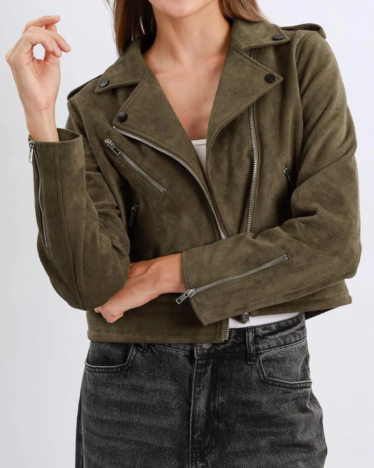Xintianji Women's Faux Suede Moto Jackets Casual Cropped Zippered Motorcycle Coat for Fall Winter