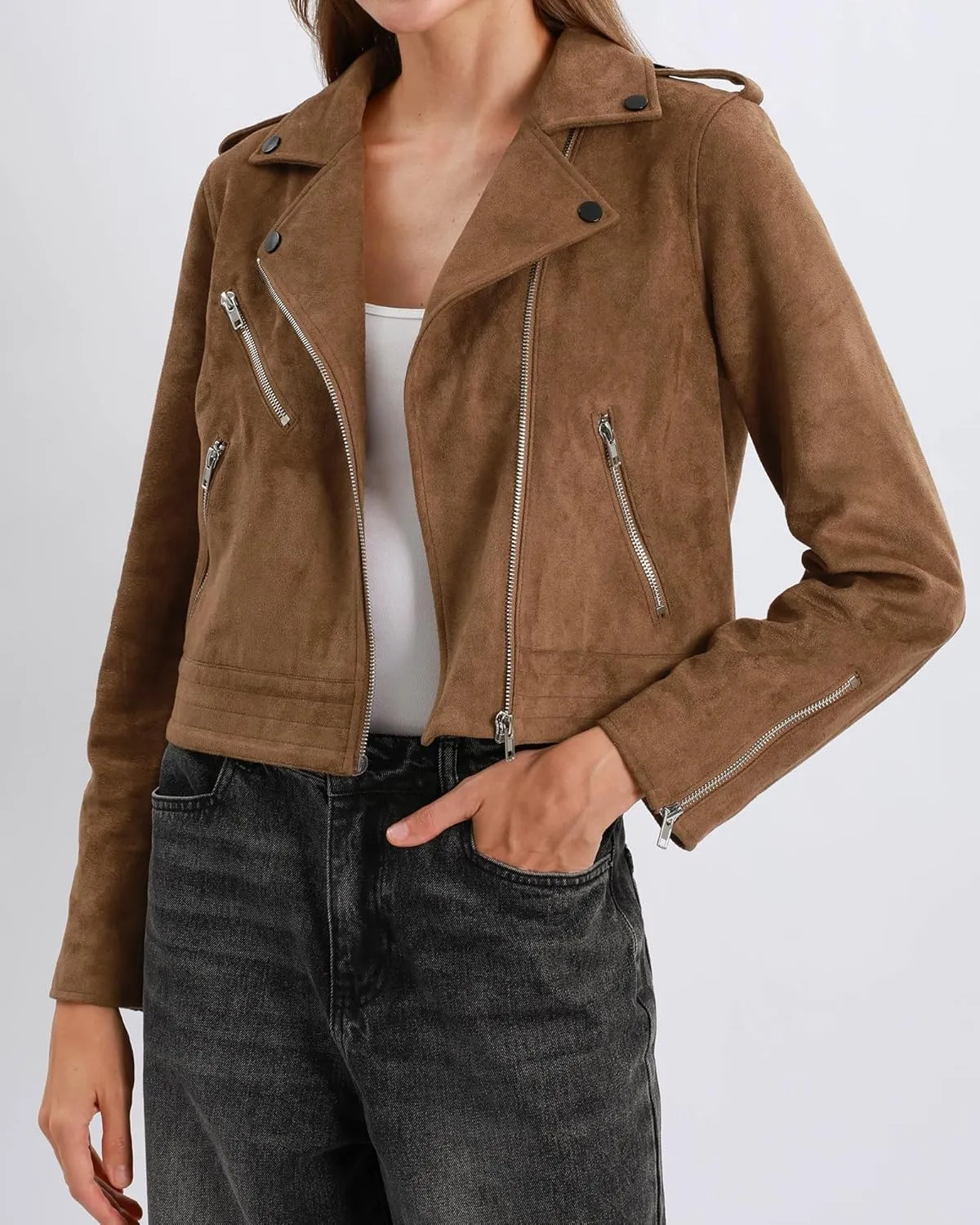 Xintianji Women's Faux Suede Moto Jackets Casual Cropped Zippered Motorcycle Coat for Fall Winter