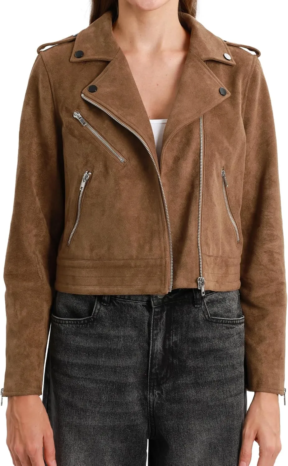 Xintianji Women's Faux Suede Moto Jackets Casual Cropped Zippered Motorcycle Coat for Fall Winter