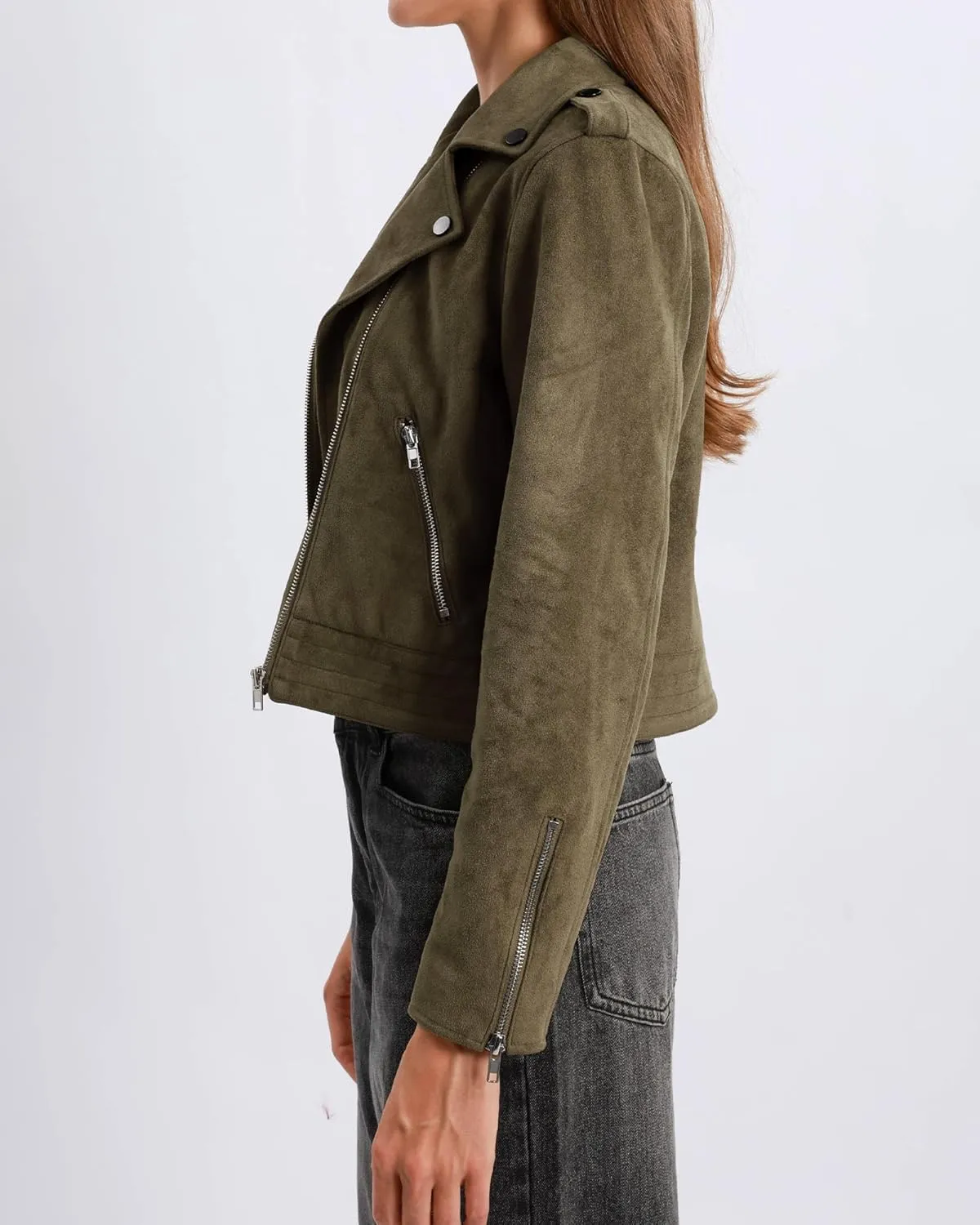 Xintianji Women's Faux Suede Moto Jackets Casual Cropped Zippered Motorcycle Coat for Fall Winter