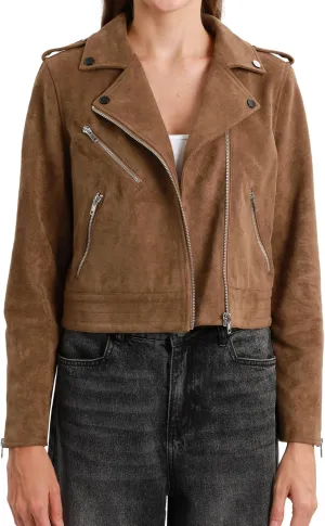 Xintianji Women's Faux Suede Moto Jackets Casual Cropped Zippered Motorcycle Coat for Fall Winter