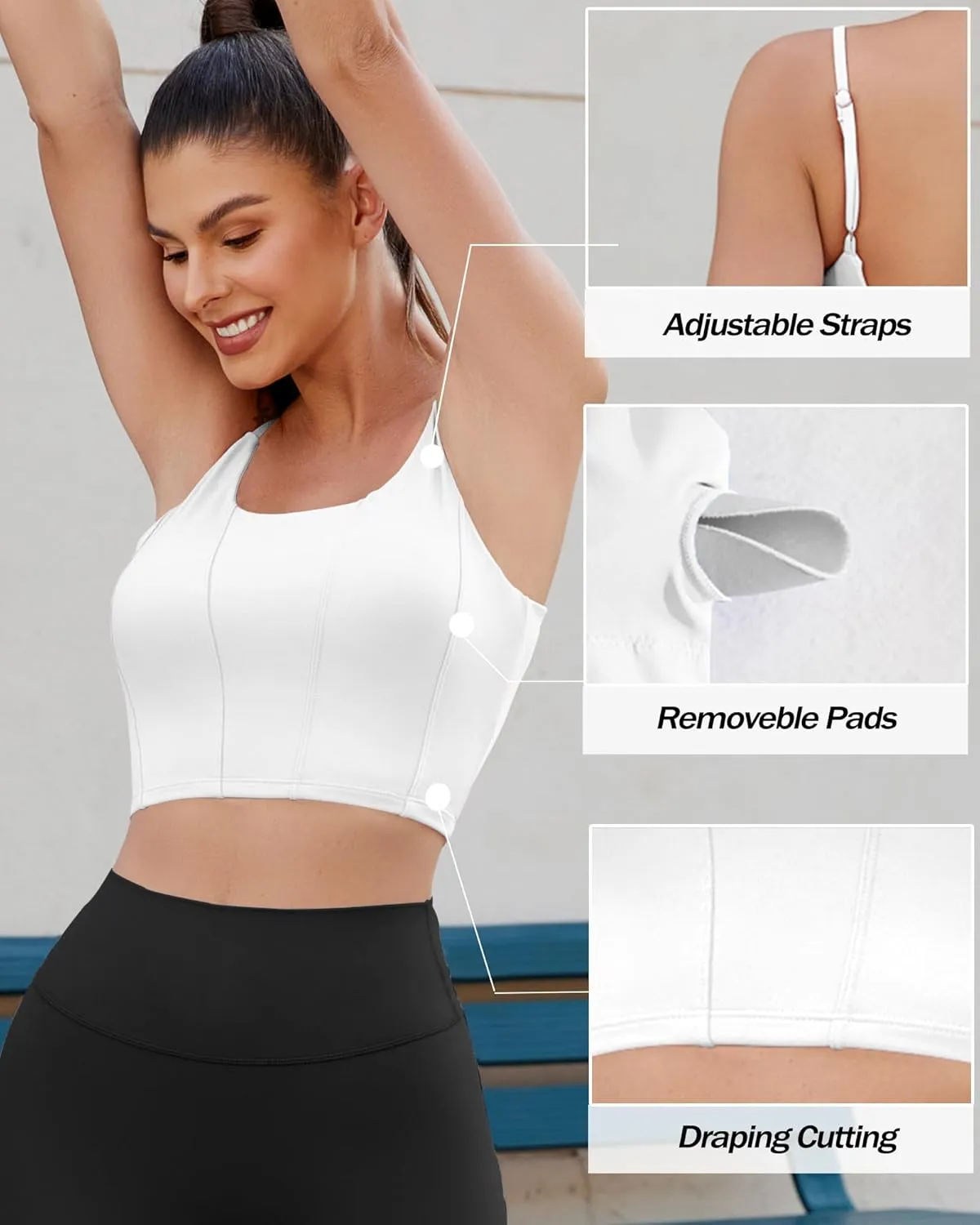 XUNYU Longline Sports Bras for Women Padded Yoga Tank Top Supportive Workout Crop Tops Built in Bras Adjustable Straps