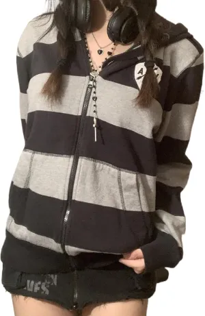 Y2K Aesthetic Zipper Hoodie Sweatshirt Long Sleeve Harajuku Punk Grunge Outfit Retro Vintage Oversized Outwear