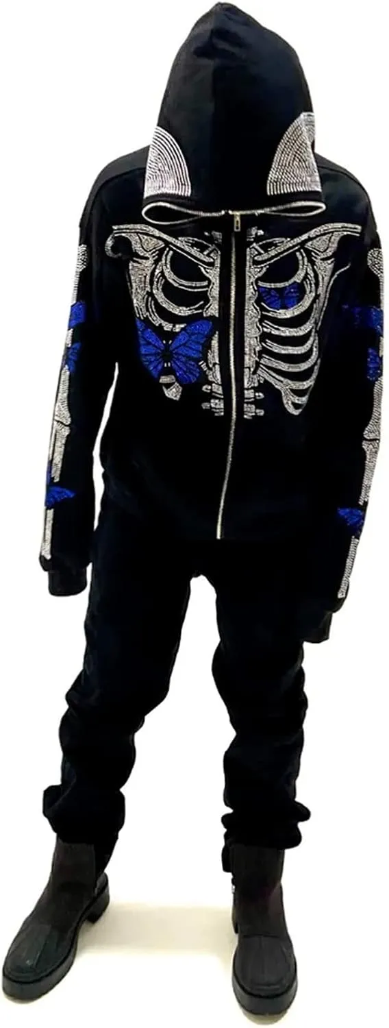 Y2k Skeleton Full Zip Up Hoodies Women Men Rhinestone Skull Graphic Print Sweatshirt Gothic Oversized Jackets