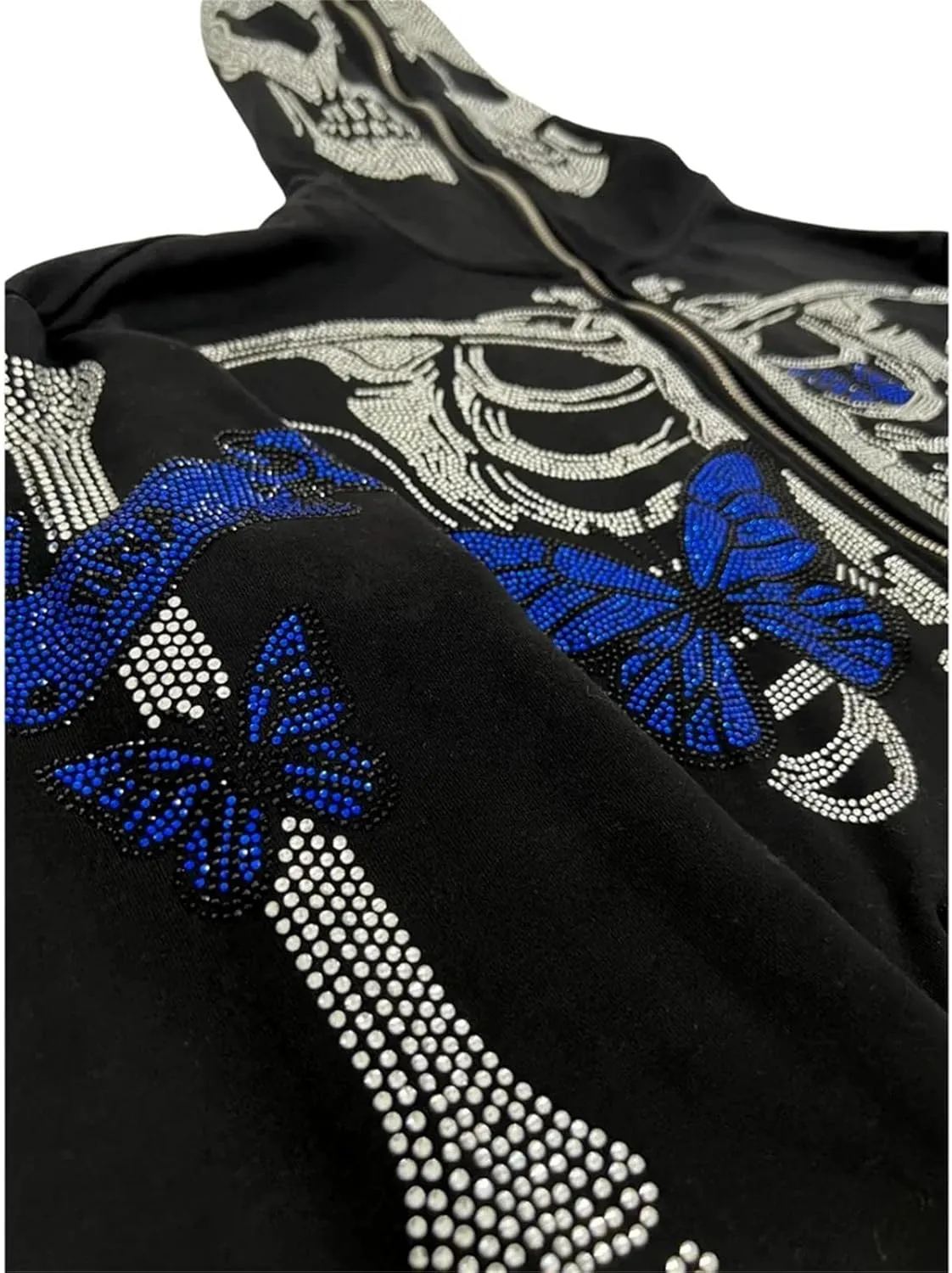 Y2k Skeleton Full Zip Up Hoodies Women Men Rhinestone Skull Graphic Print Sweatshirt Gothic Oversized Jackets