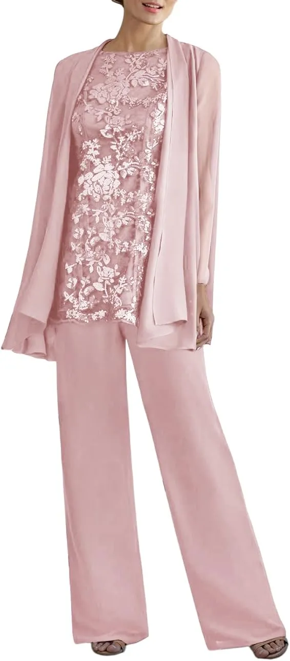 YAUTKA 3 Pieces Pant Suits for Wedding Long Sleeve Lace Chiffon Dressy Formal Outfits for Women 2025 with Jackets