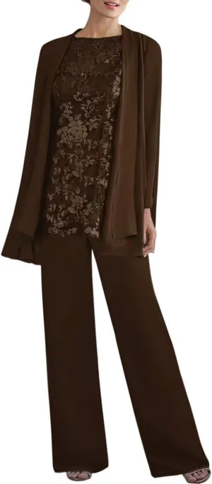 YAUTKA 3 Pieces Pant Suits for Wedding Long Sleeve Lace Chiffon Dressy Formal Outfits for Women 2025 with Jackets