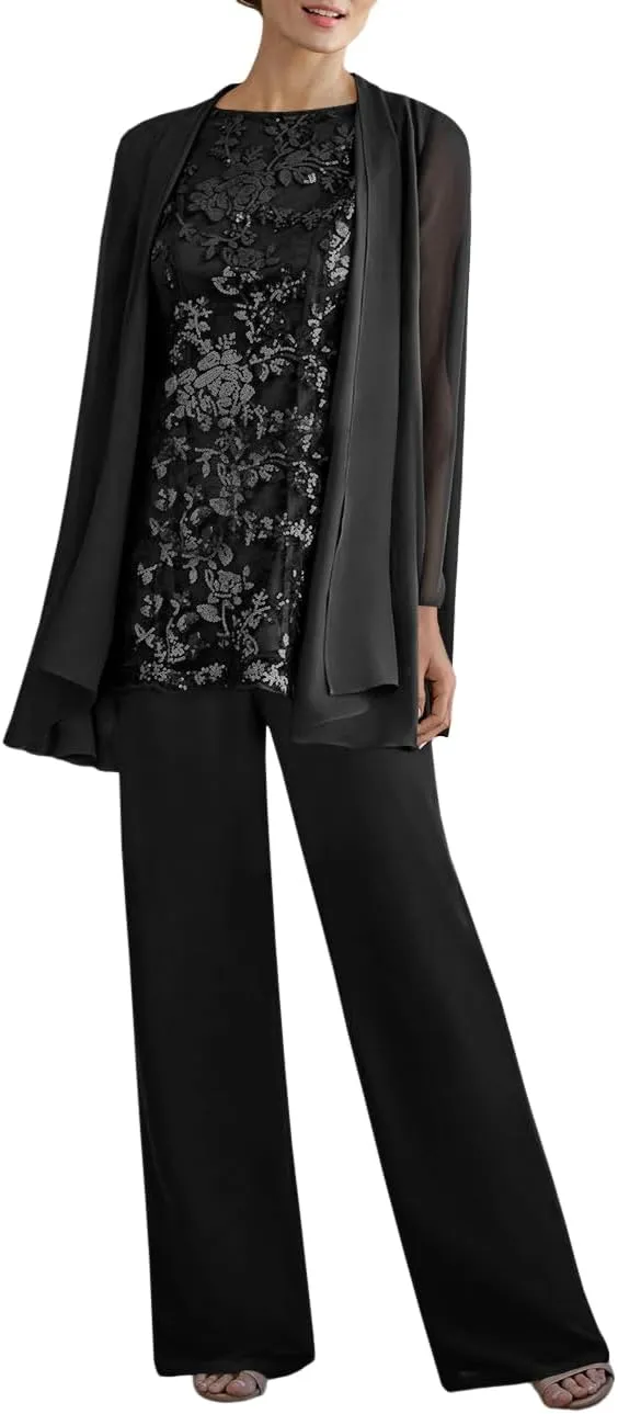YAUTKA 3 Pieces Pant Suits for Wedding Long Sleeve Lace Chiffon Dressy Formal Outfits for Women 2025 with Jackets