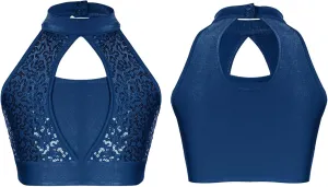 YiZYiF Girls Sequins Dance Crop Tops Cheer Jazz Performance Vest Shirt Sleeveless Camisole Tank Tops Costume