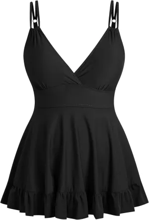 ZAFUL Plus Size Tankini Tops for Women Double Shoulder Strap Swimsuit Tops V Neck Skrited Bathing Suit Top Only