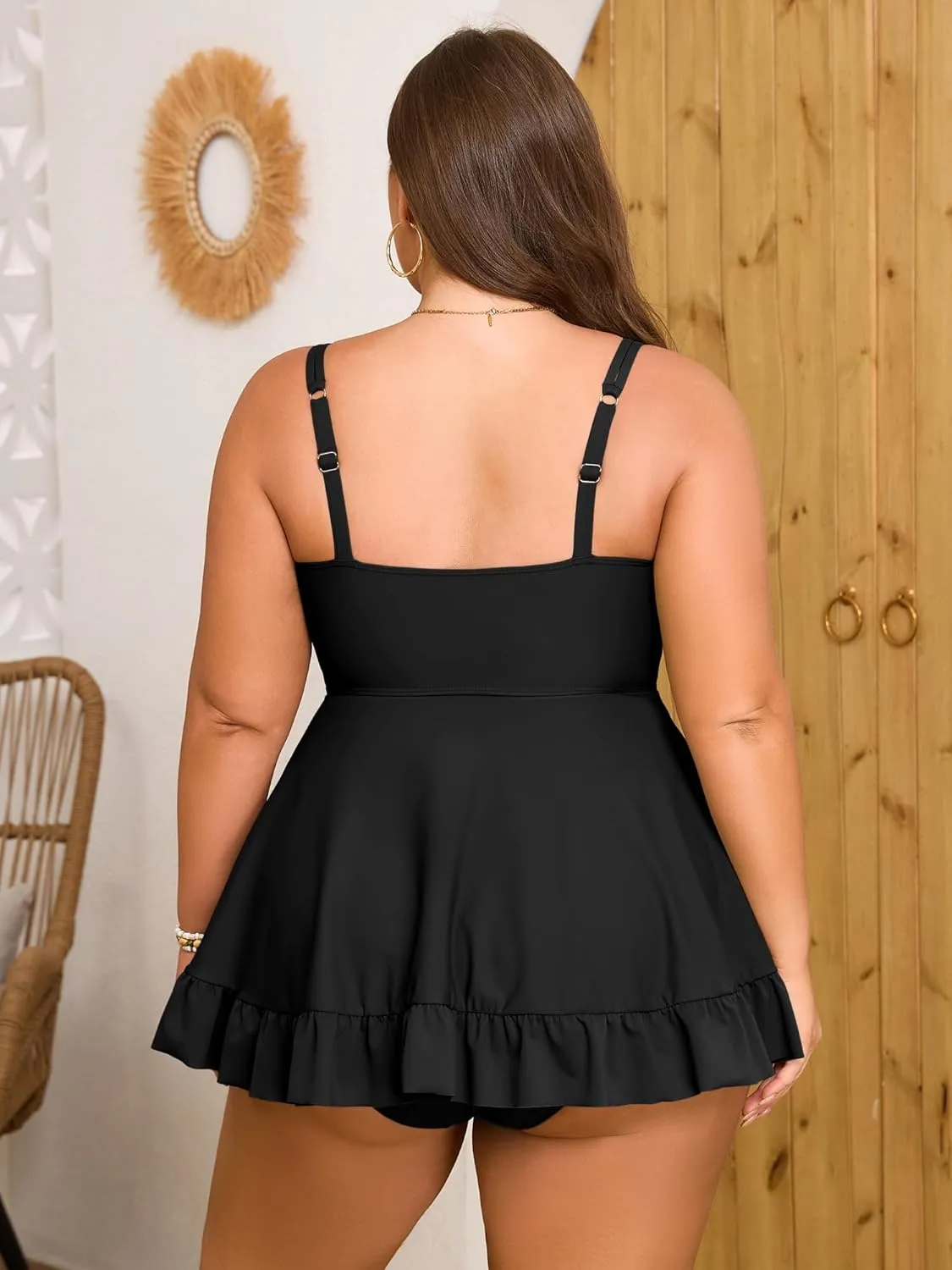 ZAFUL Plus Size Tankini Tops for Women Double Shoulder Strap Swimsuit Tops V Neck Skrited Bathing Suit Top Only