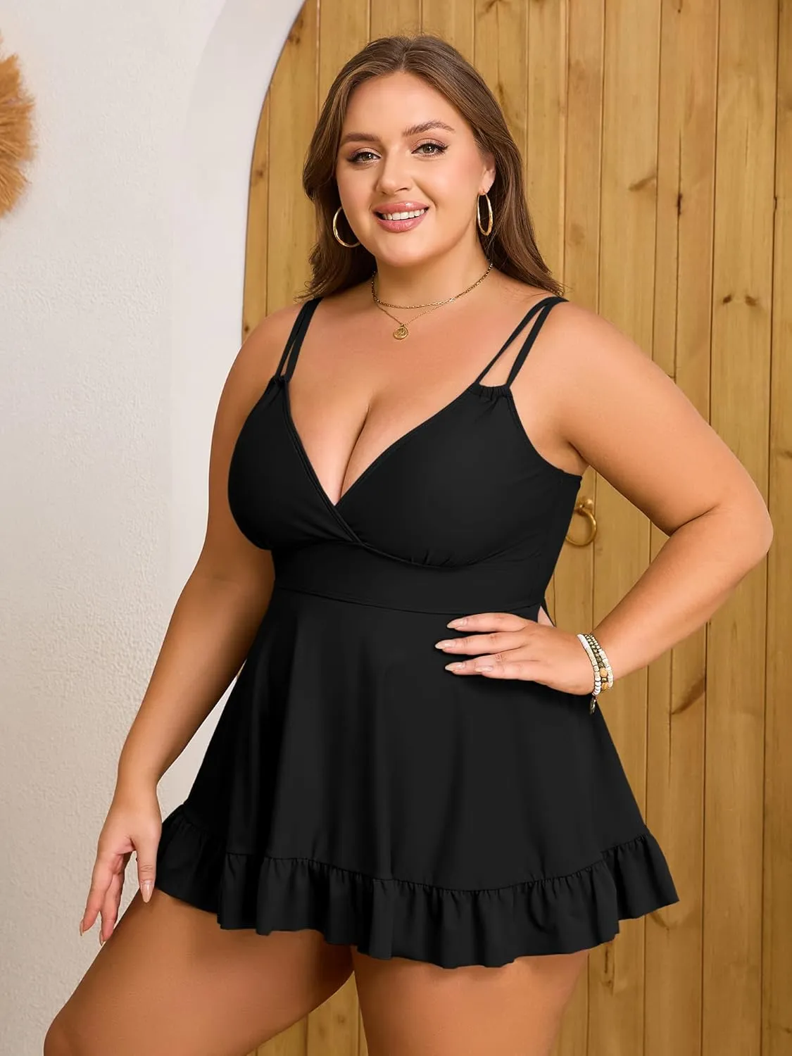 ZAFUL Plus Size Tankini Tops for Women Double Shoulder Strap Swimsuit Tops V Neck Skrited Bathing Suit Top Only