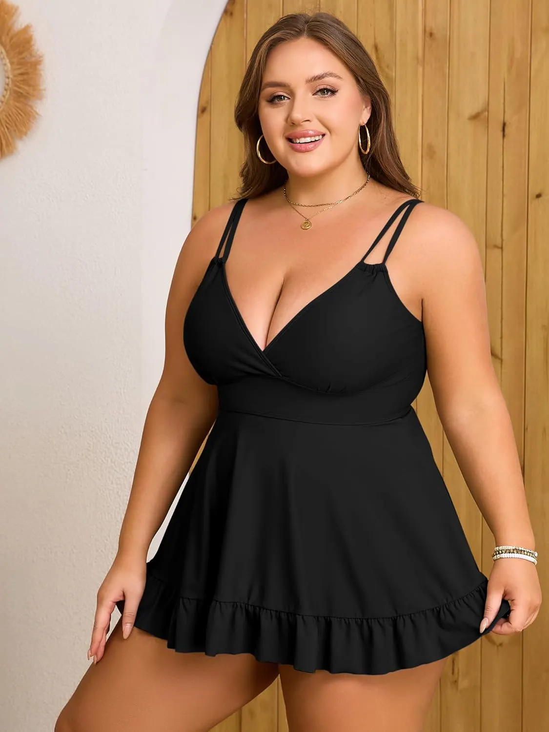 ZAFUL Plus Size Tankini Tops for Women Double Shoulder Strap Swimsuit Tops V Neck Skrited Bathing Suit Top Only