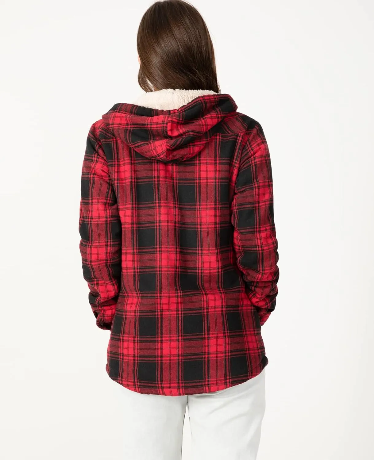 ZENTHACE Women's Sherpa Lined Plaid Flannel Jacket Button Down Hooded Flannel Shirt Jacket Warm Shacket(All Sherpa Lining)
