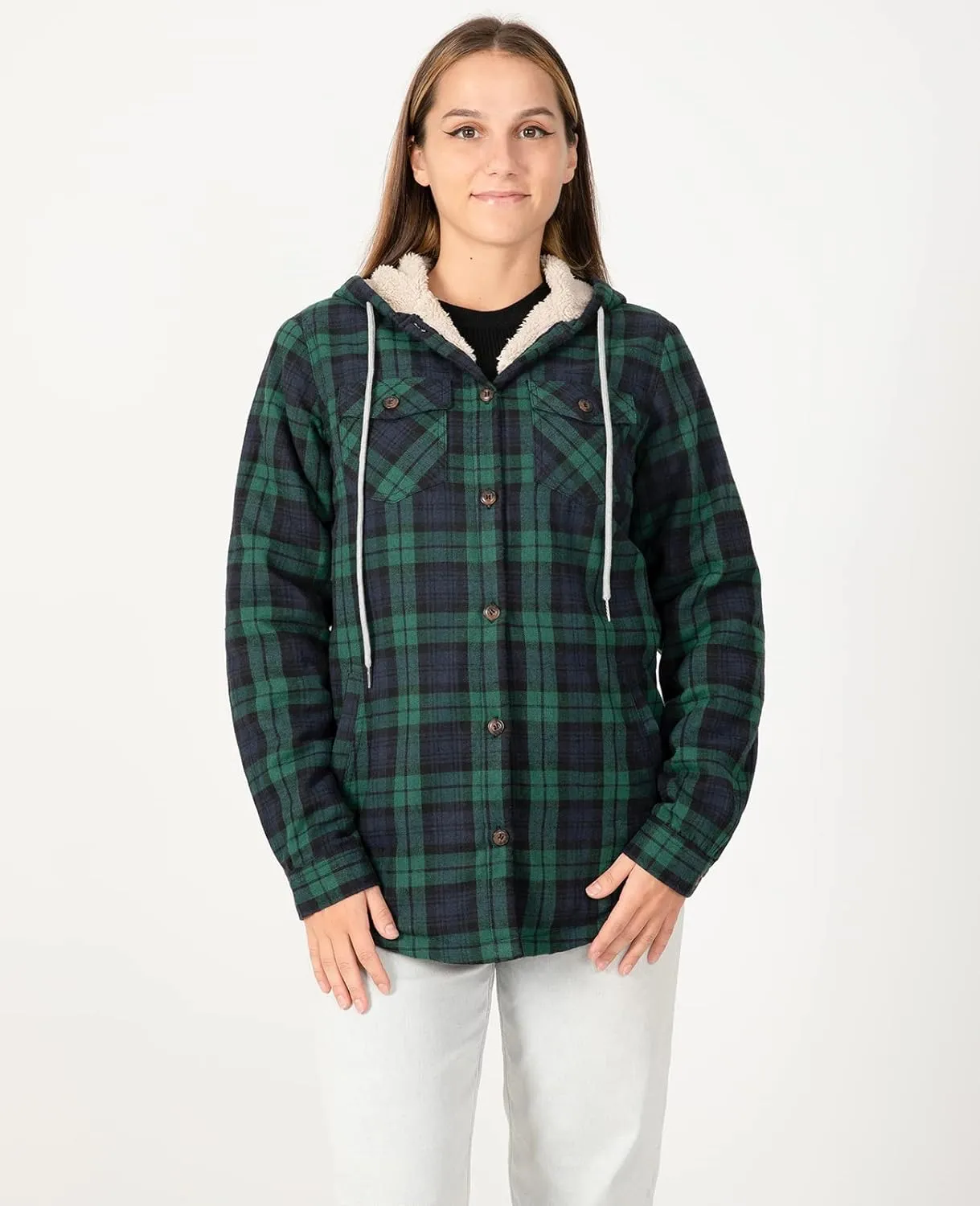 ZENTHACE Women's Sherpa Lined Plaid Flannel Jacket Button Down Hooded Flannel Shirt Jacket Warm Shacket(All Sherpa Lining)