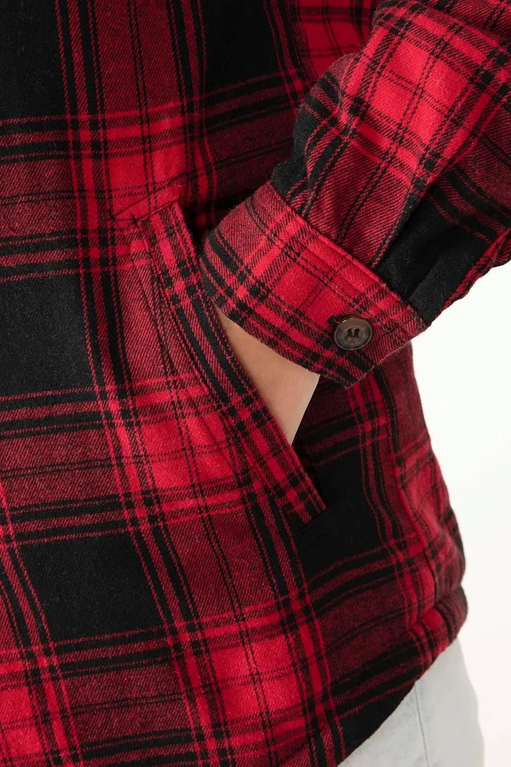 ZENTHACE Women's Sherpa Lined Plaid Flannel Jacket Button Down Hooded Flannel Shirt Jacket Warm Shacket(All Sherpa Lining)
