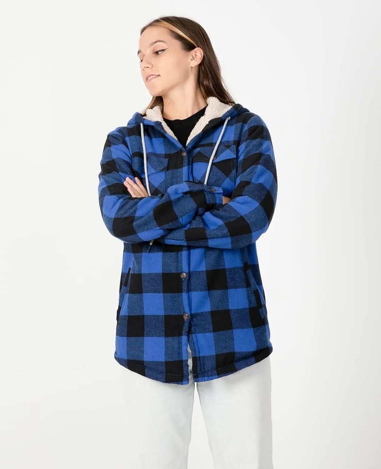 ZENTHACE Women's Sherpa Lined Plaid Flannel Jacket Button Down Hooded Flannel Shirt Jacket Warm Shacket(All Sherpa Lining)