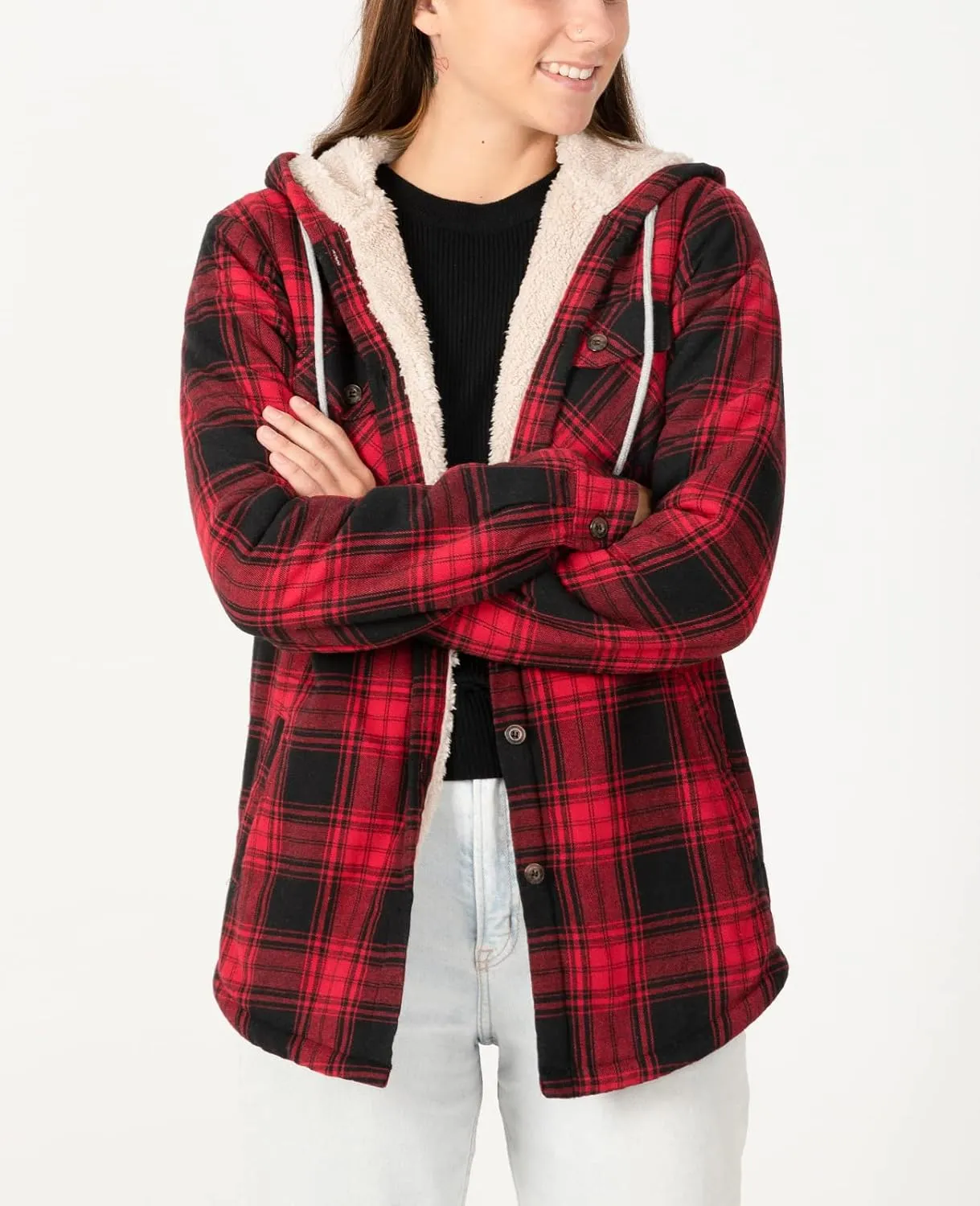 ZENTHACE Women's Sherpa Lined Plaid Flannel Jacket Button Down Hooded Flannel Shirt Jacket Warm Shacket(All Sherpa Lining)