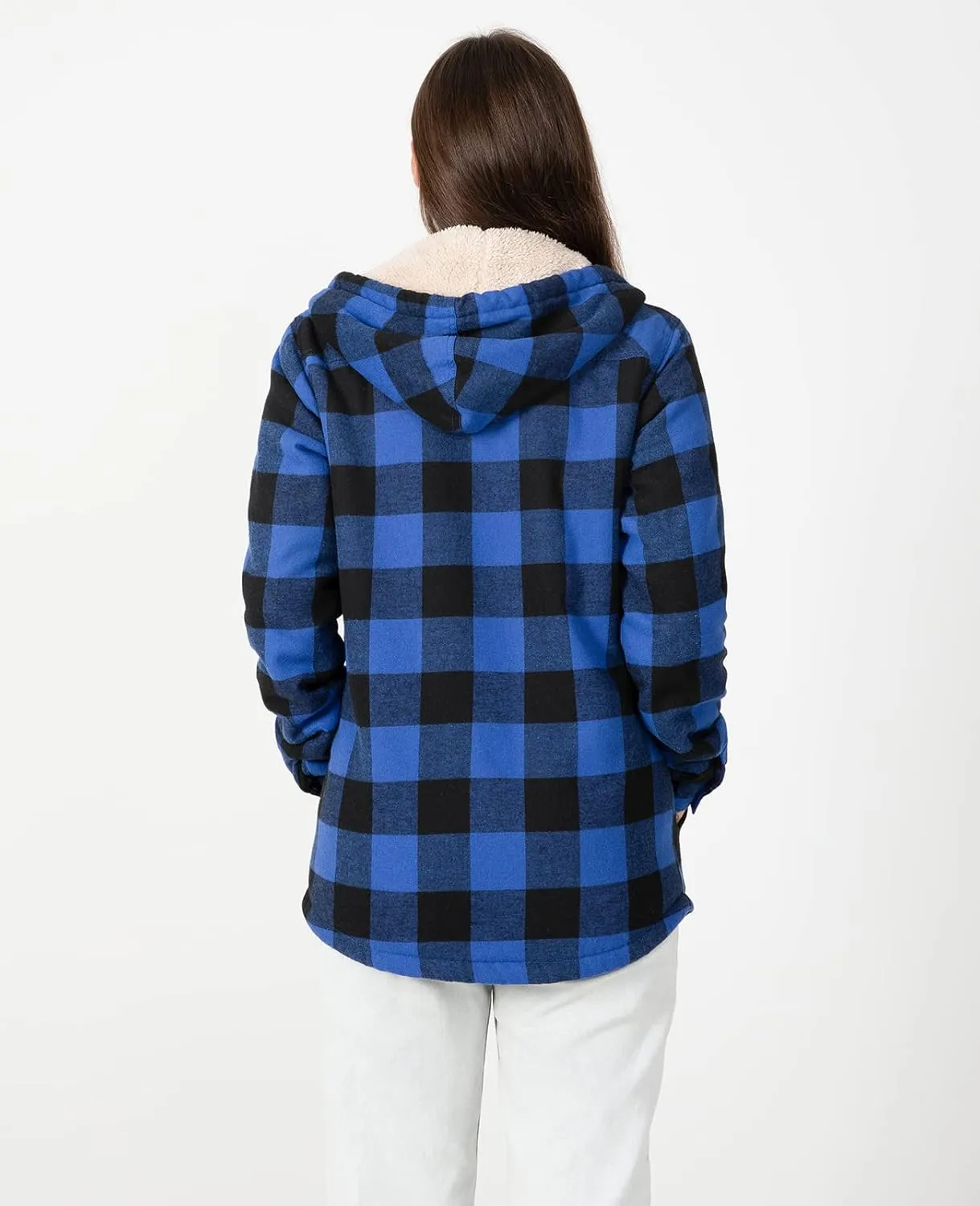 ZENTHACE Women's Sherpa Lined Plaid Flannel Jacket Button Down Hooded Flannel Shirt Jacket Warm Shacket(All Sherpa Lining)