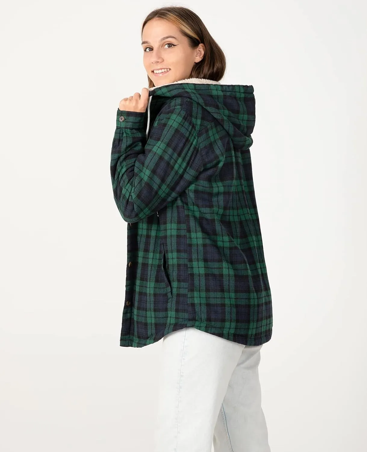 ZENTHACE Women's Sherpa Lined Plaid Flannel Jacket Button Down Hooded Flannel Shirt Jacket Warm Shacket(All Sherpa Lining)