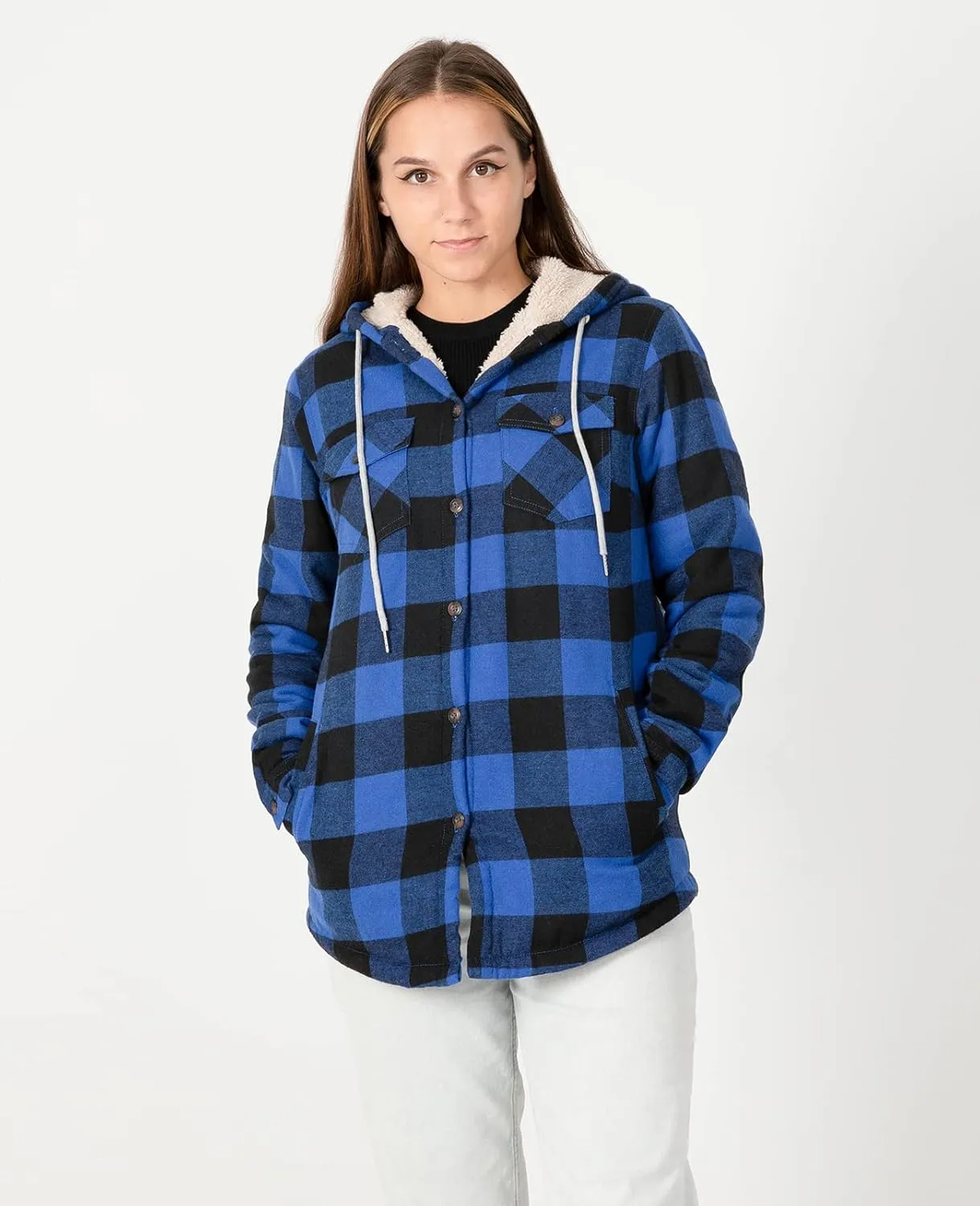 ZENTHACE Women's Sherpa Lined Plaid Flannel Jacket Button Down Hooded Flannel Shirt Jacket Warm Shacket(All Sherpa Lining)