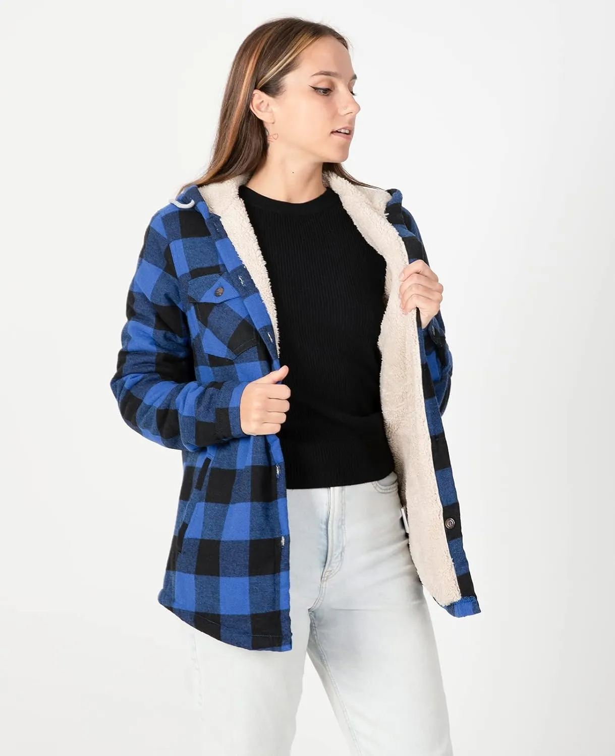 ZENTHACE Women's Sherpa Lined Plaid Flannel Jacket Button Down Hooded Flannel Shirt Jacket Warm Shacket(All Sherpa Lining)