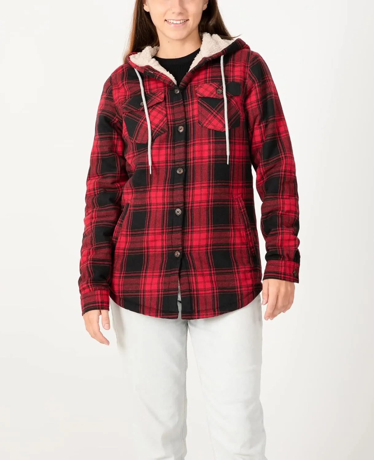 ZENTHACE Women's Sherpa Lined Plaid Flannel Jacket Button Down Hooded Flannel Shirt Jacket Warm Shacket(All Sherpa Lining)