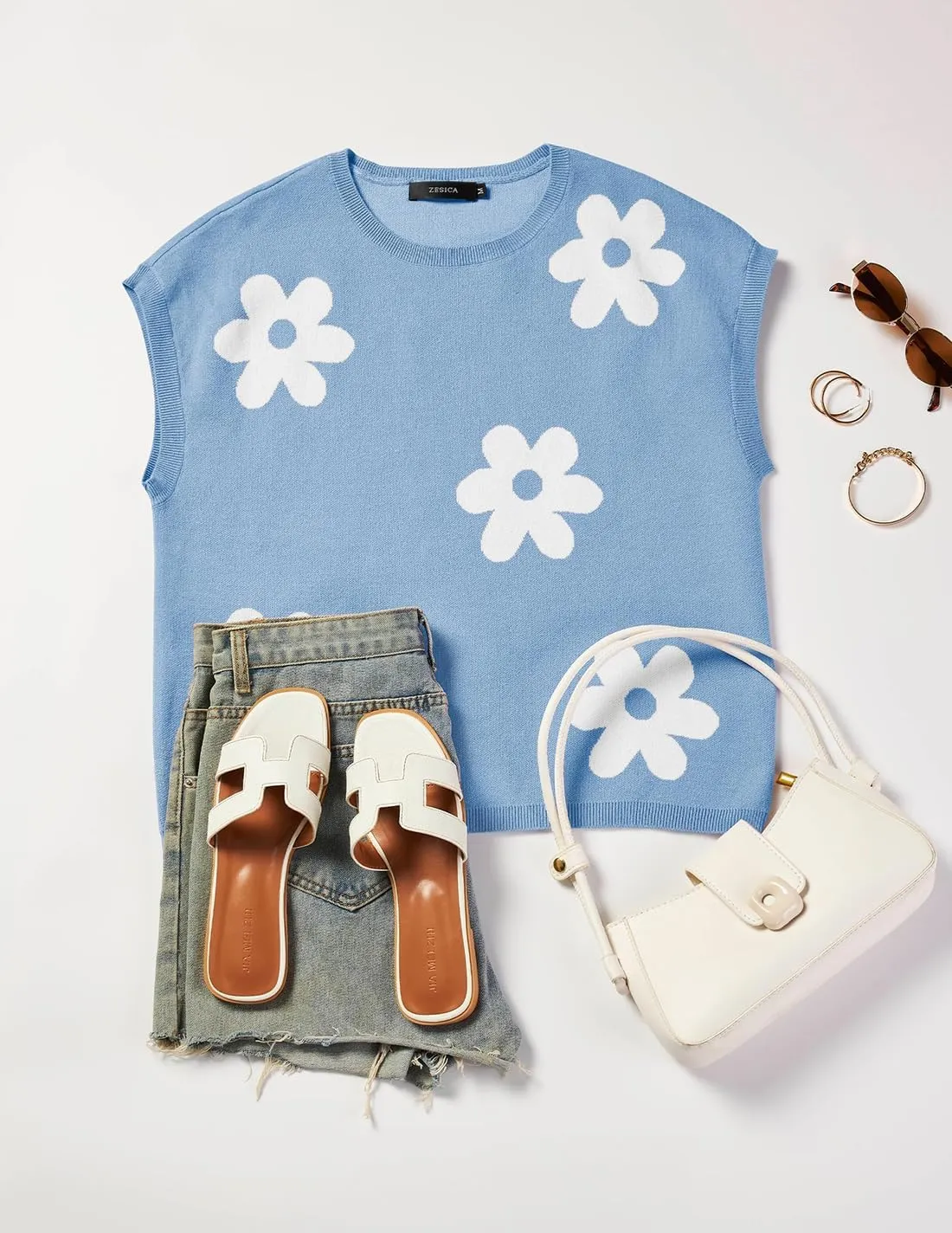 ZESICA Womens Summer Casual Printed Tops Cap Sleeve Crew Neck Cute Knit Sweaters 2025 Trendy Clothes Outfits
