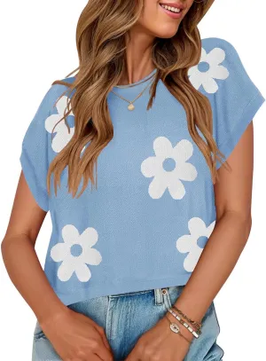 ZESICA Womens Summer Casual Printed Tops Cap Sleeve Crew Neck Cute Knit Sweaters 2025 Trendy Clothes Outfits