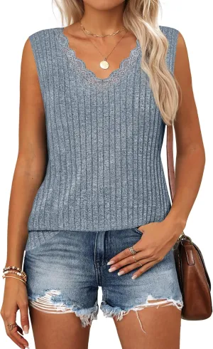 ZESICA Womens Summer Tank Top Sleeveless V Neck Lace Loose Fit Basic Tops Shirts 2025 Fashion Clothes