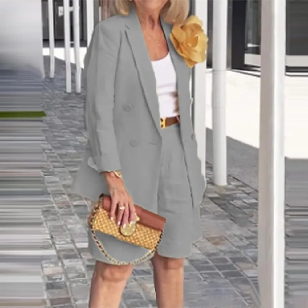 ZOCAVIA Womens Blazer Shorts Set Suit Set 2 Piece Dressy Short Sets Solid Open Front Long Sleeve Suit Jackets and Short Pants