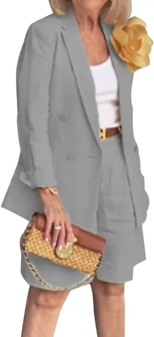 ZOCAVIA Womens Blazer Shorts Set Suit Set 2 Piece Dressy Short Sets Solid Open Front Long Sleeve Suit Jackets and Short Pants