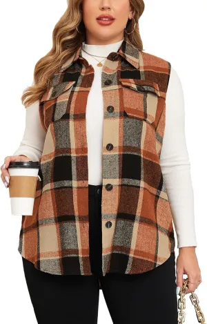 ZOMVA Plus Size 1X-5X Women's Flannel Plaid Long Vest Button Down Sleeveless Jacket Shacket Coat Casual Fall Fashion Outfits