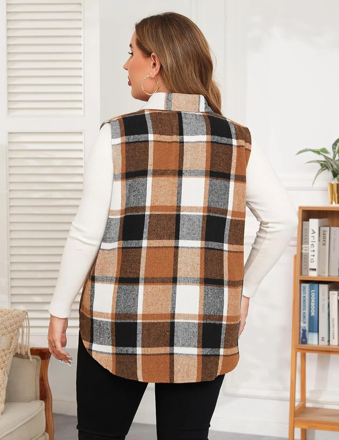 ZOMVA Plus Size 1X-5X Women's Flannel Plaid Long Vest Button Down Sleeveless Jacket Shacket Coat Casual Fall Fashion Outfits