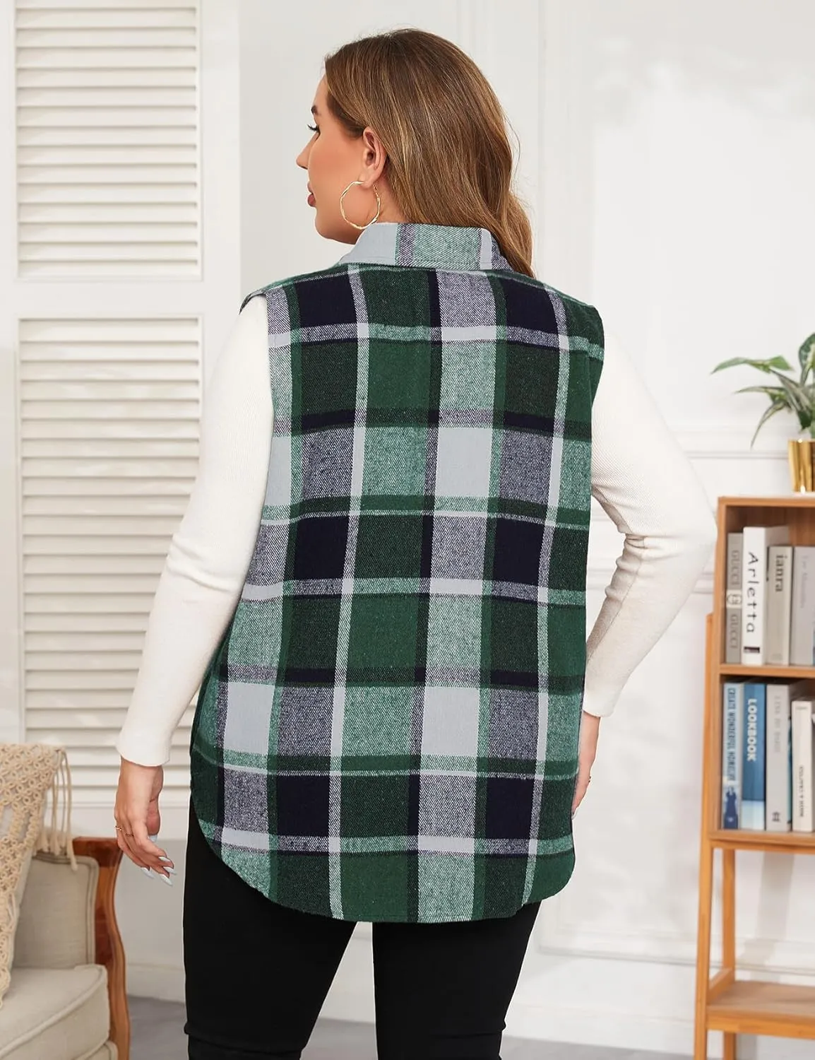 ZOMVA Plus Size 1X-5X Women's Flannel Plaid Long Vest Button Down Sleeveless Jacket Shacket Coat Casual Fall Fashion Outfits